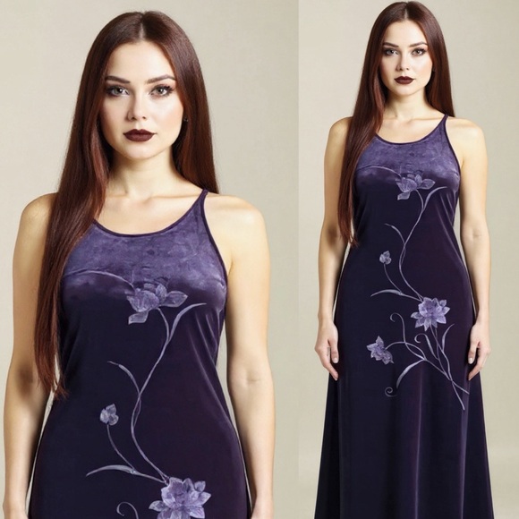Vintage 90s Whimsigoth Fairy Grunge Purple Floral Embroidered Velvet Dress Sz 14 - Picture 1 of 12